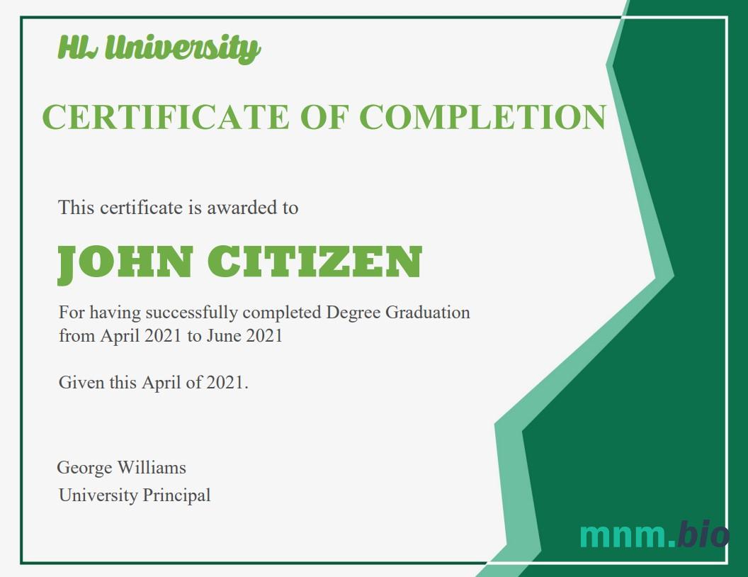 USA Completion & Graduation Ceremony cert